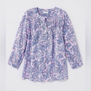 J Jill Love Linen Blue &‎ Lavender Floral Top 5 Button Front 3/4 Sleeve Pin Tuck